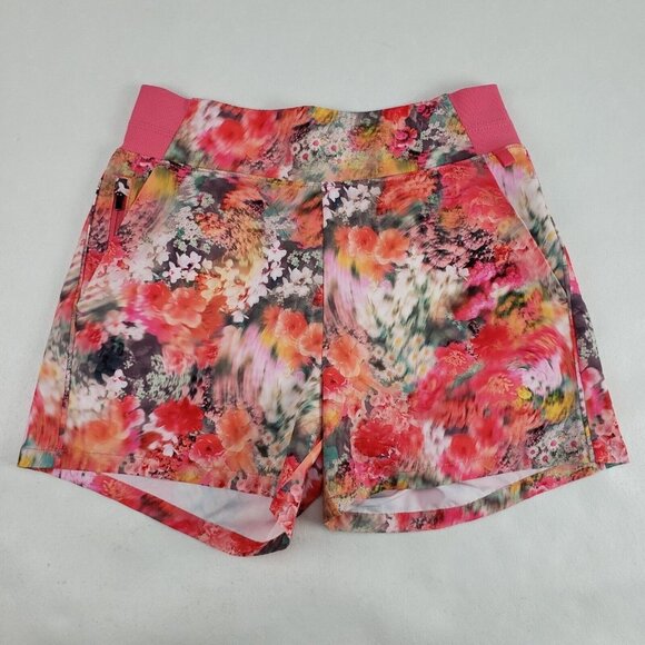 Athleta Brooklyn Printed Floral Shorts Womens 2 Pink Orange Zip Pocket Active - Picture 1 of 9